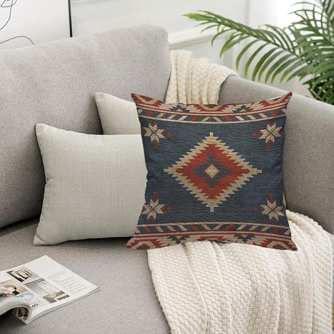 TKS MITLAN Southwest Diamond Blue Red Pillow Covers 18 x 18 Inch Indian Style on Blue Background Decorative Throw Pillow Covers Linen Cushion Case for Sofa Couch