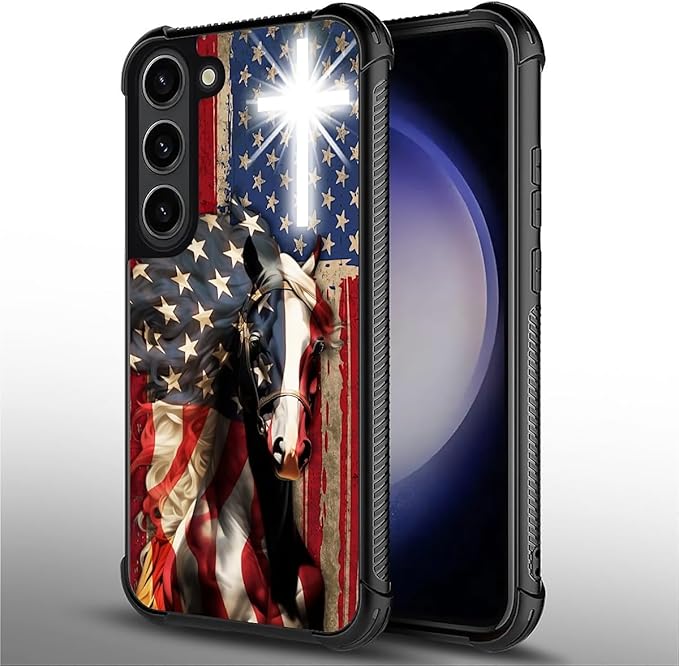 for Samsung Galaxy S23 Plus Case, Red American Flag Horse Cross Pattern Graphic Design Girl Boy Soft Silicone Hard Acrylic Shock Protection for Samsung Galaxy S23 Plus