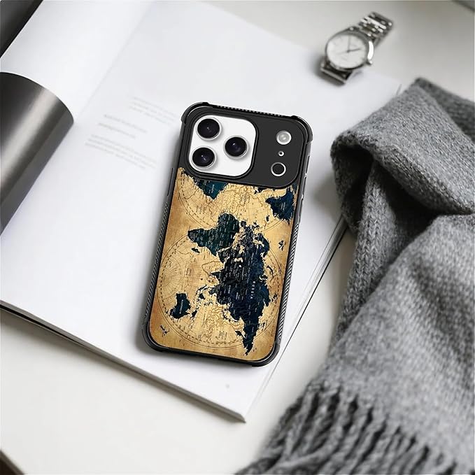 for iPhone 17 Pro Case,for MagSafe Graphic Design for Girl Boy Soft Silicone Hard Acrylic Shock Protection Designed for iPhone 17 Pro Brown World Map Pattern