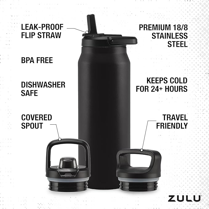 ZULU Base 40oz Stainless Steel Water Bottle with 3 Lids- Straw, Chug, Twist | Double Walled and Vacuum Insulated Metal Thermos | For Gym, Outdoor | Built in Carry Loop, Dishwasher Safe, Black