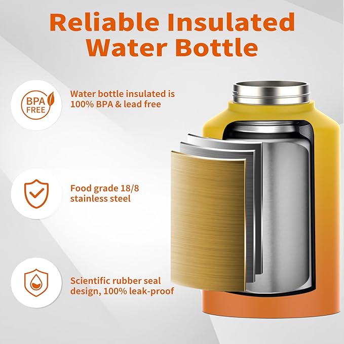WATERSY 1 Gallon Water Bottle Insulated(Cold for 48 Hrs),BPA Free&Leak Proof,128oz Stainless Steel Water Jug,Big thermo,Large Water Bottle with Handle for Gym,Hiking,Camping&Travel,Gradual Yellow