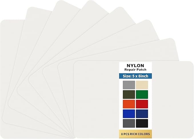 KING MOUNTAIN Self Adhesive Nylon Fabric Repair Patch, 5×8 Inches 8 Pcs, Quick Down Jacket Repair Patch, Waterproof Outdoor Gear Patch Kit for Tent,Backpacks,Umbrella, Gloves, Sleeping Bag (White)