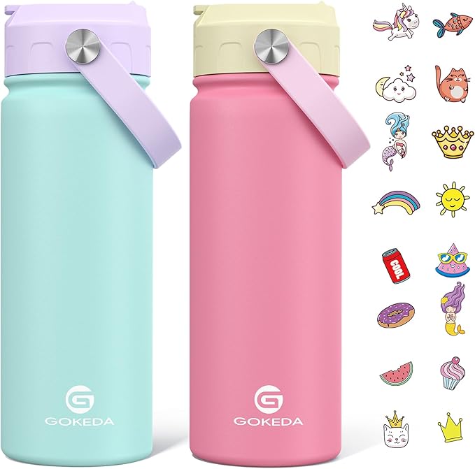 GoKEDA 18oz Kids Water Bottle, 2 Pack Insulated Bottles with Stickers, 18/8 Stainless Steel Vacuum Leak Proof Straw Cup for School, Gifts for Boys Girls(YelloPink+PurpleGreen)