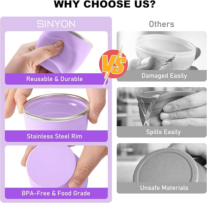 Collapsible Travel Cup, BPA-Free Reusable Water Cup, Lightweight Drinking Cups with Lids and Carrying Strap, Dishwasher Safe Silicone Cups for Camping, Travel, Airports, Hotel (6.7oz, Lilac)