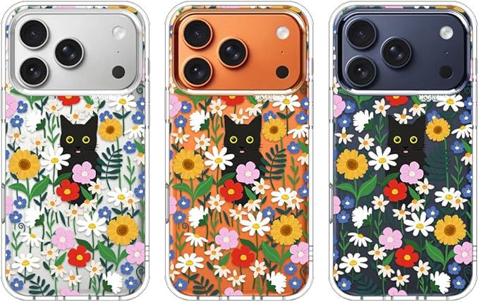 MOSNOVO for iPhone 17 Pro Case | Military Grade 6.6ft Drop Tested | Camera Control | Clear with Black Cat in Garden Design