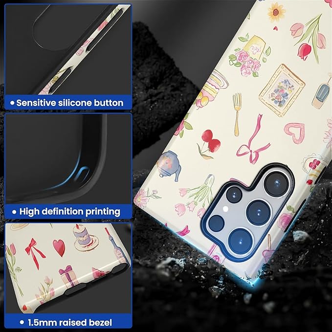 for Samsung Galaxy S24 Ultra Case,HL2 Aesthetic Bow Preppy Collage Hybrid 2 Layer Hard Shell Silicone Protective Pattern Design Case