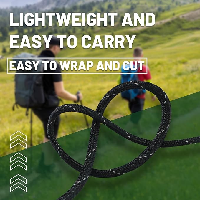 SDHUATUO Paracord Rope 200FT, 550lb Type III Nylon Parachute Cord 7-Strand Core with Reflective Strips, Utility String for Survival, Camping Gear, Hiking, DIY, Crafting, Outdoor, Black