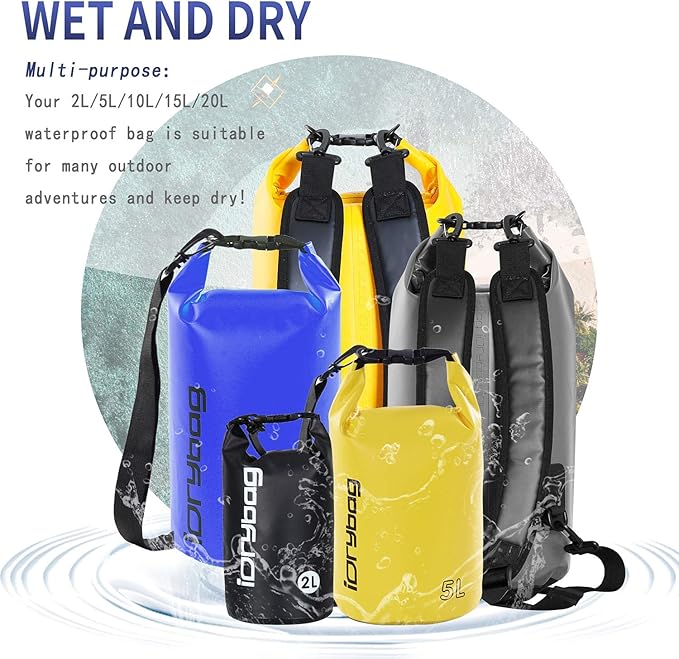 IDRYBAG Dry Bag for Kayaking Waterproof 2L/5L/10L/15L/20L, Small Dry Sack Waterproof Bag for Boating