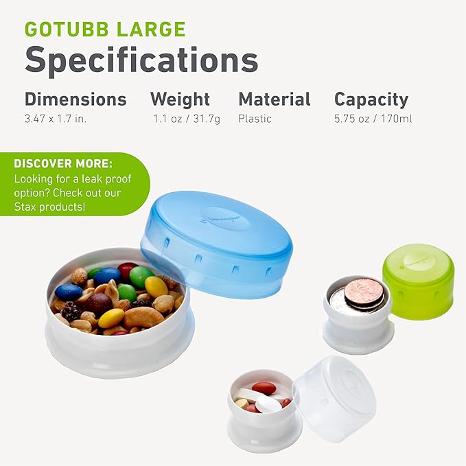 humangear GoTubb – Storage Containers for Snacks, Small Essentials and Travel Gear, Made from Food-Safe Materials, Clear/Blue, Large (2-pack)