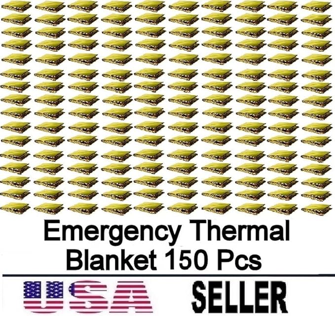 GALAXYLENSE Emergency Mylar Thermal Blanket for Survival First Aid Kits Army Outdoors Hiking Camping Bug Out Trauma Desert All Weather Condition Protection (150 Packs Gold)