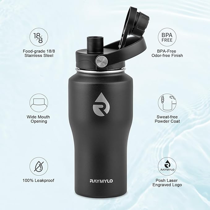 RAYMYLO 18 oz Insulated Water Bottle with Straw fit in Car Cup Holder, Triple Wall Vacuum Stainless Steel(Cold 48 hrs, Hot 24 hrs), Leakproof & Non-BPA, Hydro Travel Flask with Straw and Spout Lid