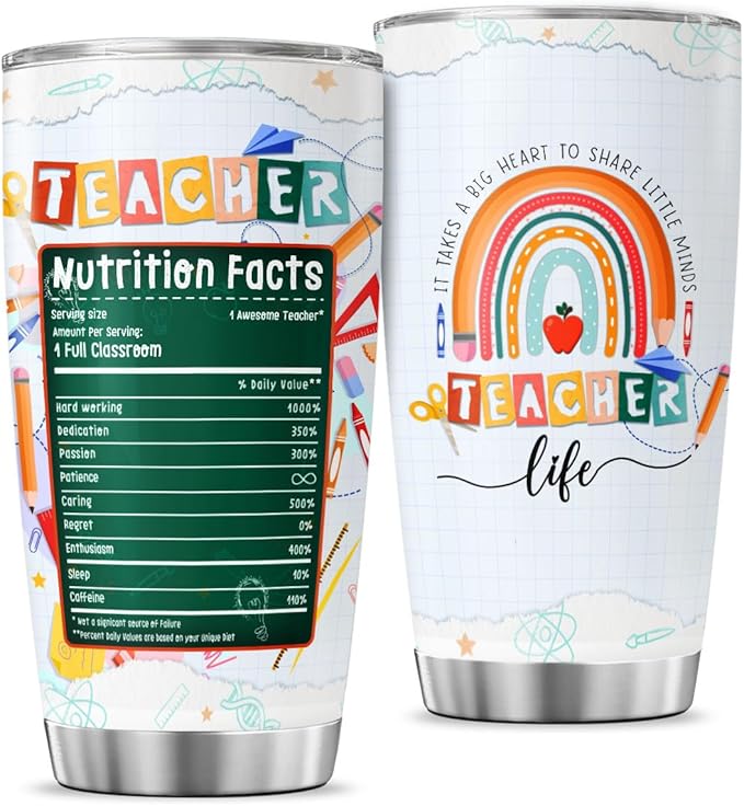 Teacher Appreciation Gift for Women, Cute Rainbow Design Stainless Steel Tumbler, 20oz Insulated Travel Cup with Nutrition Facts, Back to School, End of Year, Birthday Thank You Idea