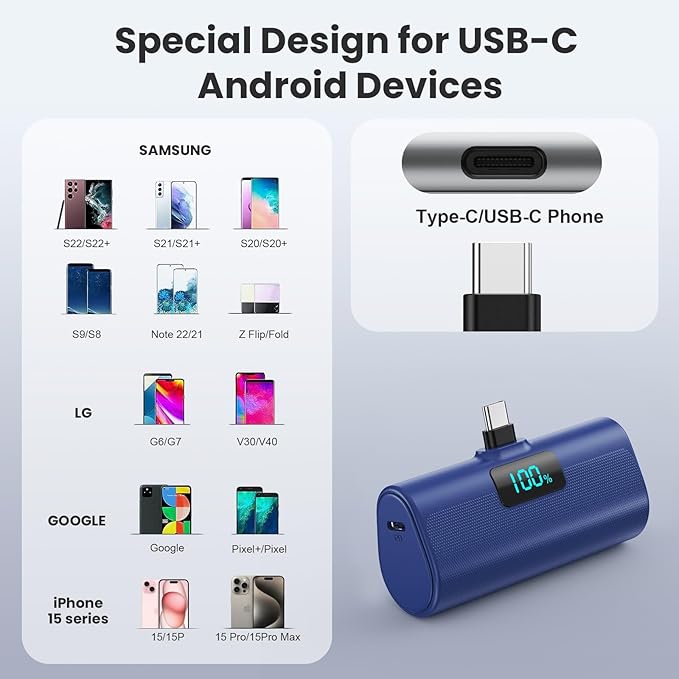[2-Pack]Portable Charger for iPhone 17/16/15 Series,5200mAh PD USB C Power Bank Built-in USB-C Connector,Travel Battery Pack Compatible with iPhone 17/17 Pro Max/16/15 Series,Galaxy,Android-Black+Blue