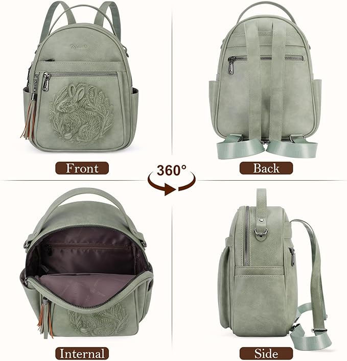 Mini Backpack Purse for Women,Embossed Leather Small Backpack Fashion Travel Backpacks Daypacks Shoulder Handbag (GREEN-Rabbit)