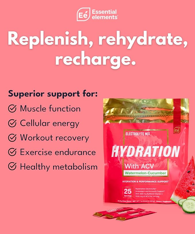 Essential Elements Hydration Packets - Watermelon Cucumber - Electrolytes Powder No Sugar - Electrolyte Drink Mix - Superior Hydration with ACV & Vitamin C - 50 Stick Packs