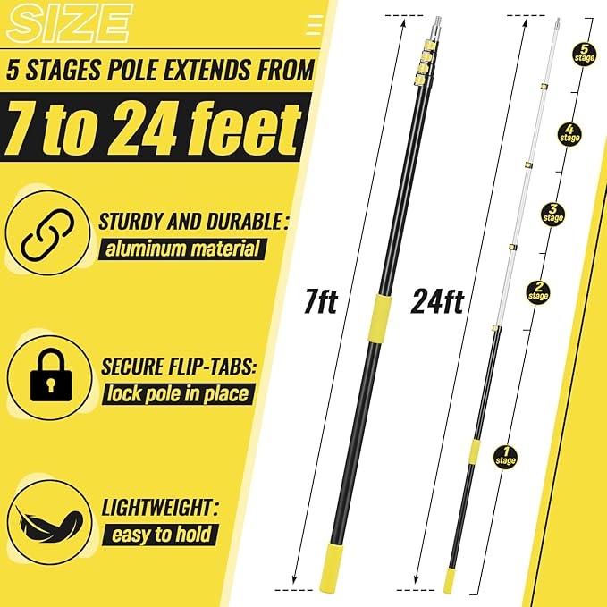 7-24 ft Telescopic Extension Pole with Utility Hook, Multi-Purpose Aluminum Pole for Painting, Dusting and New Year Window Cleaning Christmas Lights Installation Without a Ladder(Yellow)