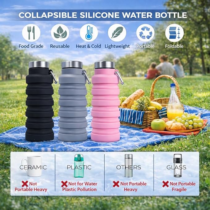 Collapsible Water Bottles,16oz Capacity Portable Reusable Silicone Water Bottle,Leak-proof,with buckle,foldable storage,Lightweight Durable for Fitness,Cycling,Sports,Camping,Hiking (Deep Black)