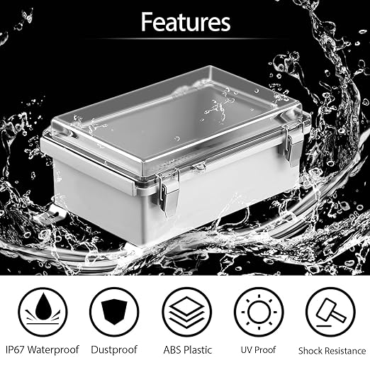 LeMotech Electrical Box, IP67 Waterproof Hinged Clear Cover Stainless Steel Latch Junction Box, ABS Plastic Electrical Enclosure with Mounting Plate,Wall Brackets, Cable Glands,8.2"x4.2"x2.9",Grey