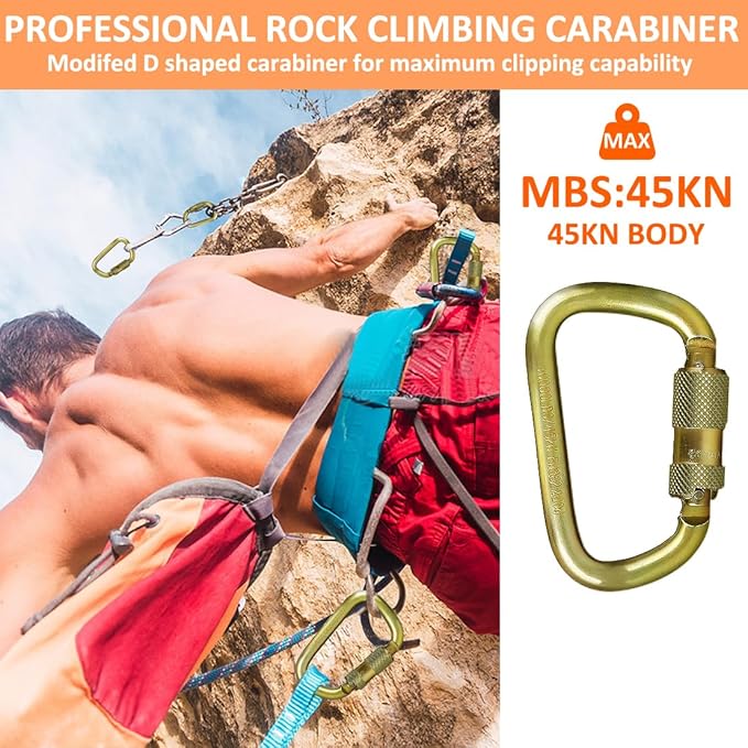 DEKABR Carabiner Heavy Duty, 45KN Twist Lock Steel Auto Locking Climbing Carabiner for Rock and Tree Climbing, Camping, Rappelling, Rescue and Mountaineering – ANAB Certified, Large, Gold
