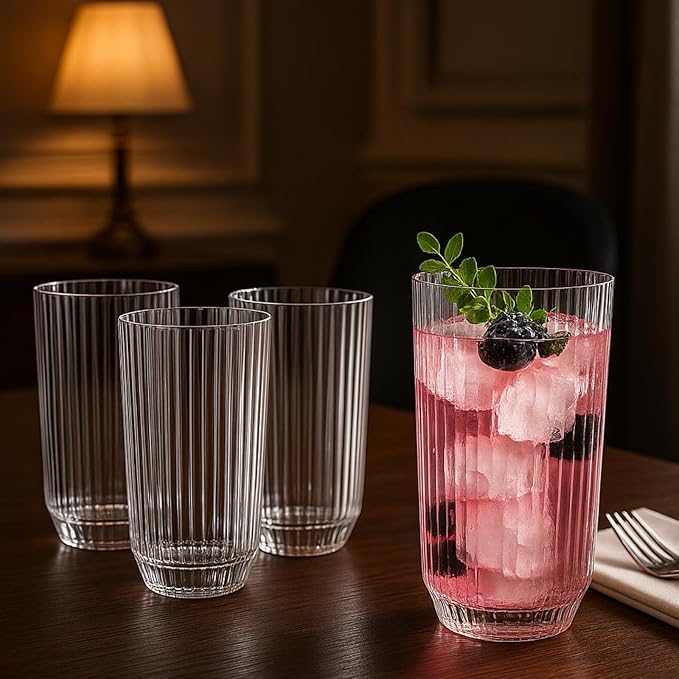Khen Plastic Acrylic Ribbed Drinking Glasses – Set of 4 Clear 11.8oz Tritan Tumblers, European Style Shatterproof Drinkware – Durable, BPA-Free, Dishwasher Safe, Stackable & Unbreakable Plastic Cups