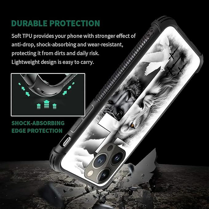 for iPhone 12 Pro Max Case, Lion Cross Jesus Christ Dove Pattern Graphic Design Girl Boy Soft Silicone Hard Acrylic Shock Protection for iPhone 12 Pro Max