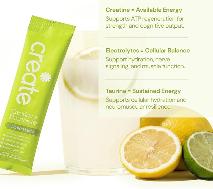 Create Creatine + Electrolytes Mix - Creatine Monohydrate Stick Packs, Supports Energy and Hydration, NSF Certified for Sport, 30 Count, Lemon Lime