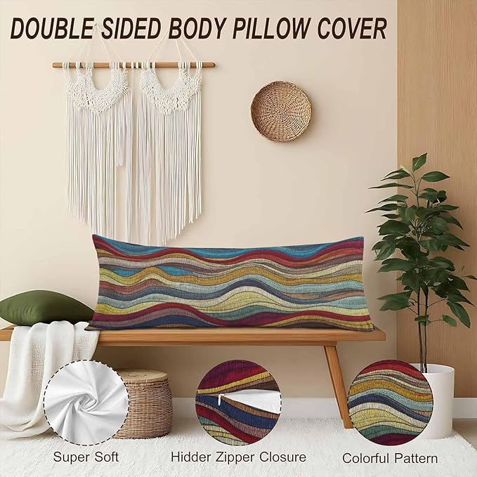 Couch Body Pillow Cover Tribal Wave Bedding Body Pillow Case for Men Women, Retro Ocean Waves Boho Oblong Pillow Covers Throw Cushion Cases for Home Sofa Livingroom 20"X 54"