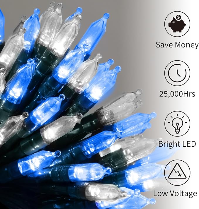 Brightown Battery Operated Christmas Lights 2 Pack 18 Feet 50 LED Clear Mini String Lights with 8 Modes Waterproof Tree Lights for Xmas Outdoor Indoor Holiday Party Garden Decor, Blue & White