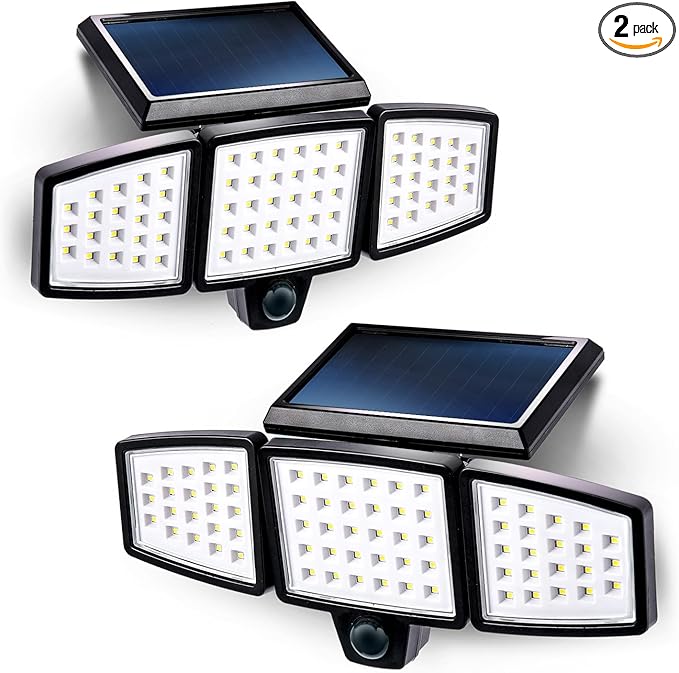 Home Zone Security 2 Packs Solar Flood Lights Outdoor Motion Sensor 120 Degrees Wide Angle, Waterproof Powered for Garden Yard Pathway, 3500K Warm White 1000 Lumens, Adjustable Triple Head No Wiring