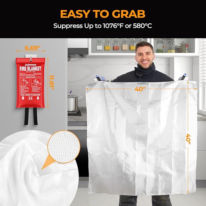 Juimma Fire Blanket for Home and Kitchen - 40" x 40" Prepared Fire Blankets Emergency for Home, School, Camping, Office, Warehouse, with Gloves and Hooks, 2 Packs