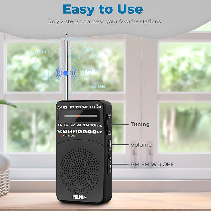 PRUNUS NOAA Weather Radio AM FM, Battery Powered Radio by AA, Transistor Radios, Earphone Jack, Portable Radio AM FM WB for Emergency, Hurricane, Floods, Snowstorms