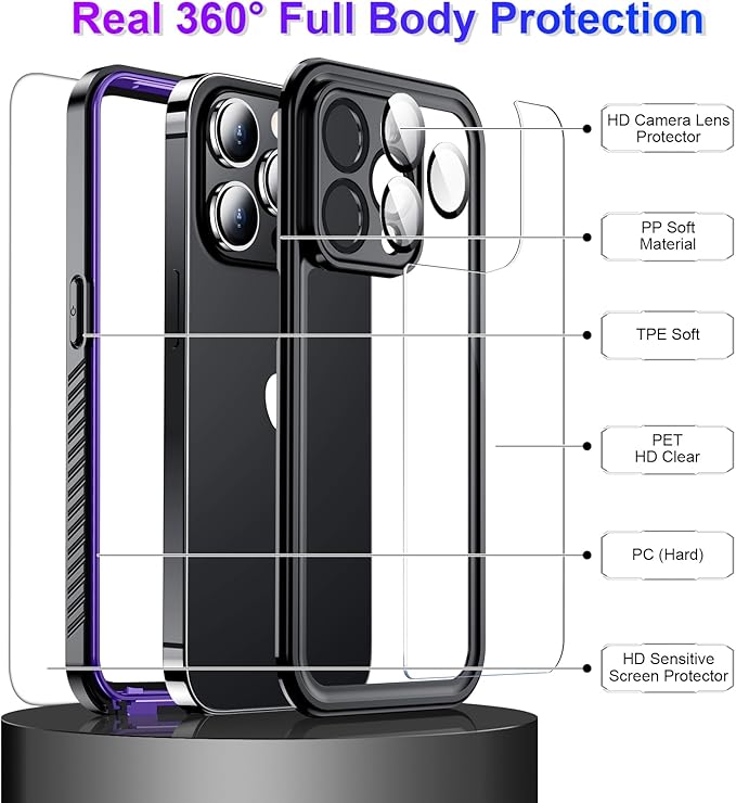 Temdan Compatible with iPhone 14 Pro Max Case Waterproof, Built-in Screen & Camera Protector IP68 Underwater Full Body 14FT Military Dropproof Shockproof Phone Case 6.7"-Purple/Clear