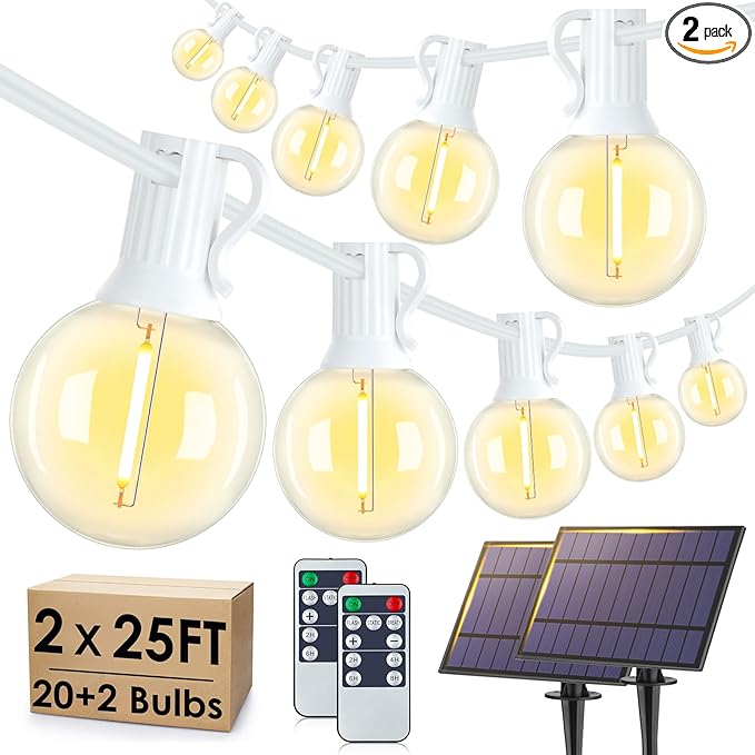 Larkvue 50FT(2x25FT) Solar String Lights Outdoor with Remote, Waterproof Dimmable 3 Modes Patio Lights with 20+2 LED G40 Bulbs for Party Bistro-White