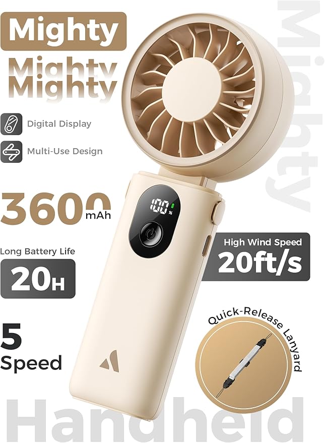 Aecooly Mighty Portable Handheld Fan | 20H Max Cooling Time | 3 Flexible Modes | 5 Speeds Wind | Battery Level Display | USB Rechargeable Mini Personal Battery Powered, Gifts for Women, Travel -Beige