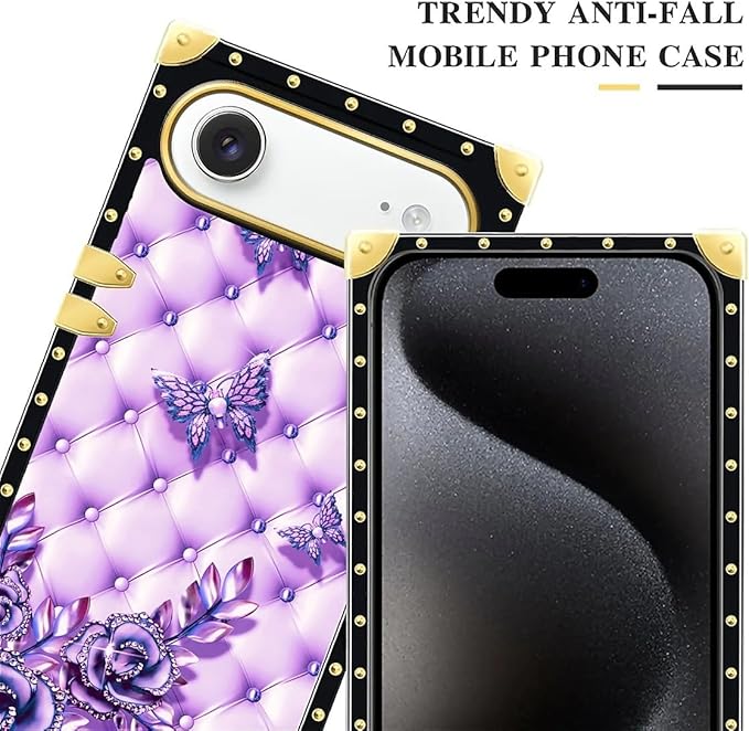 for iPhone 17 Air Case Luxury Golden Decoration for Girl Women Soft TPU Shockproof Protective Hard PC Back for iPhone 17 Air Crazy Pattern Purple Butterfly Flowers Leaf