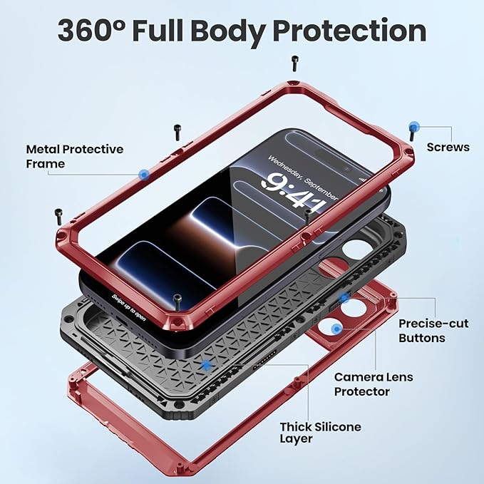 Mitywah Waterproof Case for iPhone 17 Pro Max, Rugged Metal Case with Built-in Screen Protector, Heavy Duty Full Body Shockproof Protective Cover 6.9 inch, Red