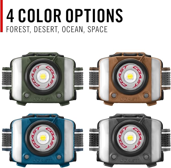Coast FL97R Voice-Controlled 1200 Lumen Rechargeable LED Headlamp with Pure Beam® Spot & Flood, ARC Lighting, Red & Green Color Modes, Glide Focus™ Radial Arm Dial and USB-C Charge Port, Grey