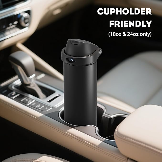 POWCAN 18 oz Insulated Water Bottle: 2-in-1 Push-Button Spout & Quick-Flip Straw, Leakproof, Cold 24Hrs, Fits Car Cup Holder, Stainless Steel Water Bottle for Sports, Travel, School (Very Black)