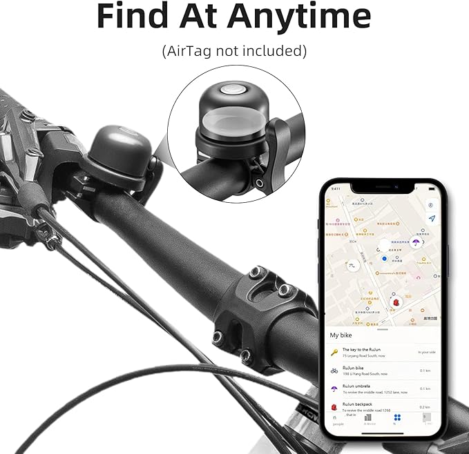 ROCKBROS Bike Bell for Apple AirTag Hidden Bike Mount Bike AirTag Holder GPS Tracker Bike Bell Anti-Theft for Adults Suitable for 0.87''/22.2, 1''/25.4, 1.25''/31.8mm Diameter Handlebar