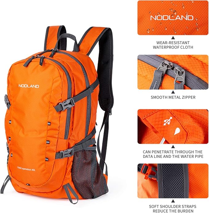 NODLAND Lightweight Backpack, Travel 40L Foldable Water-Resistant Daypack, Hiking Outdoor Camping Rucksack for Men Women