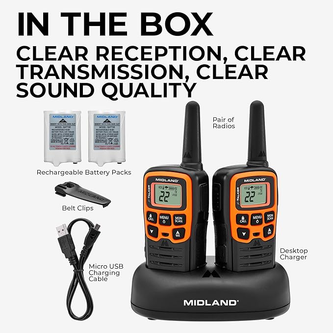 Midland- T51VP3 X-TALKER Spotting and Recovery Walkie-Talkie Long Range - FRS Two Way Radio for kids Caravanning with NOAA Weather Scan + Alert, 38 Privacy Codes - Black/Orange - 2 Pack