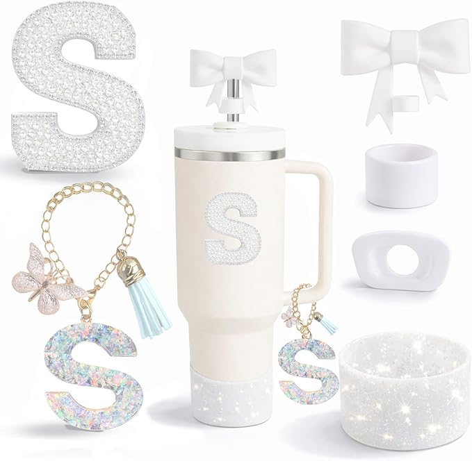 6PCS White Stanley Cup Accessories Set Fit for Stanley Cup 30oz 40oz. Including Handle Charm, Personalized Initial Sticker, Straw Topper, Sparkly Silicone Boot, Spill Proof Stopper (Letter-S)