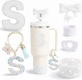 6PCS White Stanley Cup Accessories Set Fit for Stanley Cup 30oz 40oz. Including Handle Charm, Personalized Initial Sticker, Straw Topper, Sparkly Silicone Boot, Spill Proof Stopper (Letter-S)