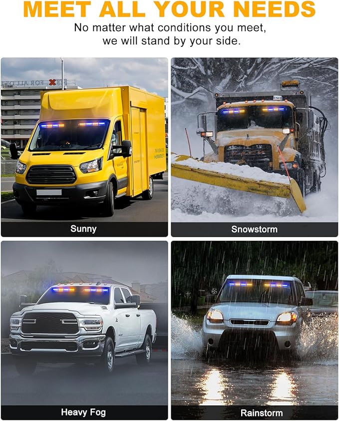HLauto 6Z4J Emergency Dash Strobe Lights: 2x16.8 inch Blue Amber Safety Lights, 48 LED Flashing Warning Hazard Interior Windshield Visor Traffic Light Bar for Trucks, Construction Vehicles