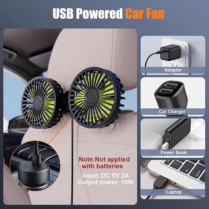 Hayousui USB Car Cooling Fans for Backseat: Dual Head Car Fan for Kids 3 Speeds 360° Rotatable Vehicle Rear Headrest Fans 5V/2A Powerful Electric Air Circulation Fan for Sedan SUV RV Truck (USB Plug)