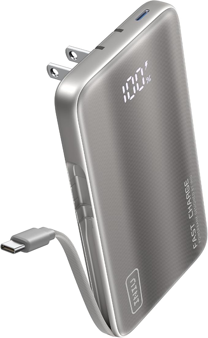 INIU 3-in-1 Portable Charger, 45W 10000mAh Fast Charging Power Bank, Built-in USB C Cable & Foldable Wall Plug, Travel Essentials, Battery Pack for iPhone 17 16 15 Series, Samsung, MacBook, Gray