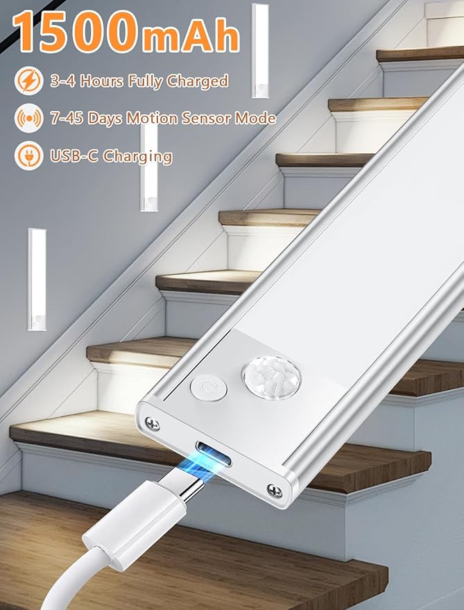 Under Cabinet Motion Sensor Lighting: 8 Inch Dimmable Rechargeable Lights Indoor - Battery Operated Lights - Undercabinet Closet Light Magnetic Led Light for Kitchen Home Bathroom Counter 4 Pack