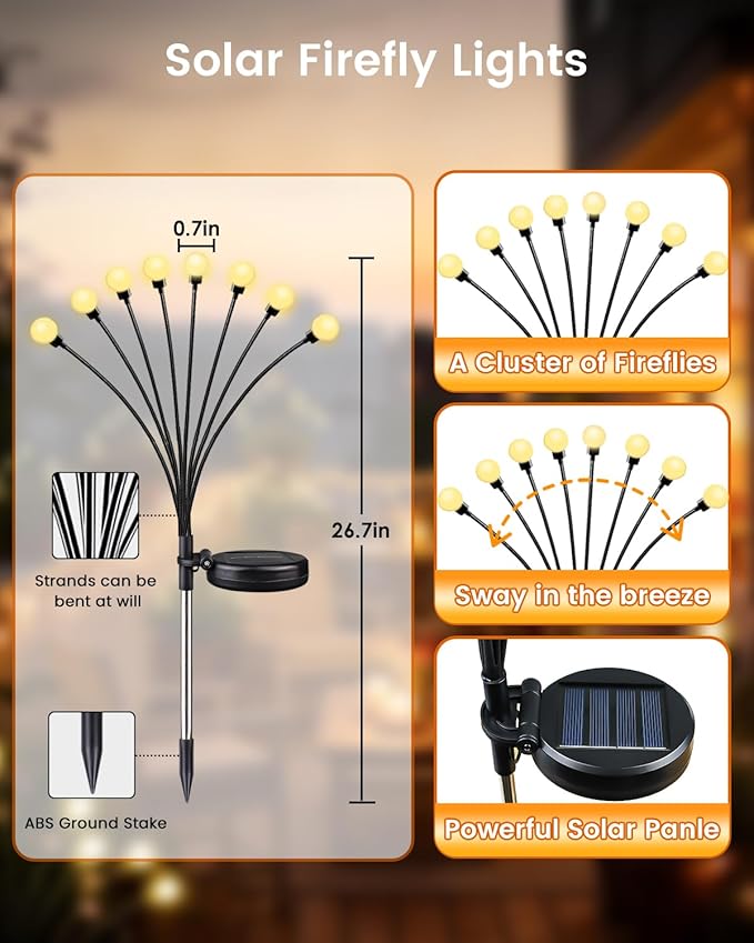 OZS 8 Pack Total 64 LED Solar Firefly Lights Fairy Outdoor - Solar Garden Lights Outdoor, Sway by Wind, Waterproof for Garden Patio Pathway Fairy Decor (Warm White)