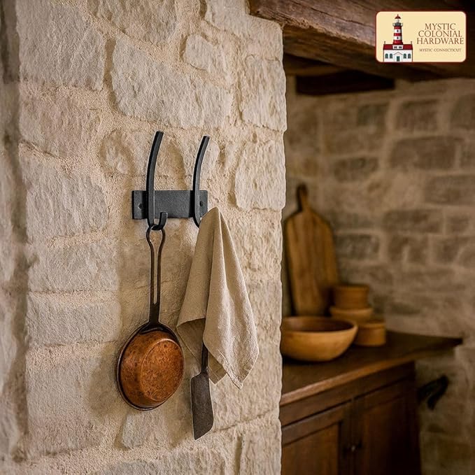 Mystic Colonial Medieval Hand-Forged Iron Double Wall Hook � 1 Pc | (5 in) Heavy Duty Rustic Black Coat & Hat Hanger | Vintage Decorative Hook for Coats, Towels, Bags, Keys & Home D�cor