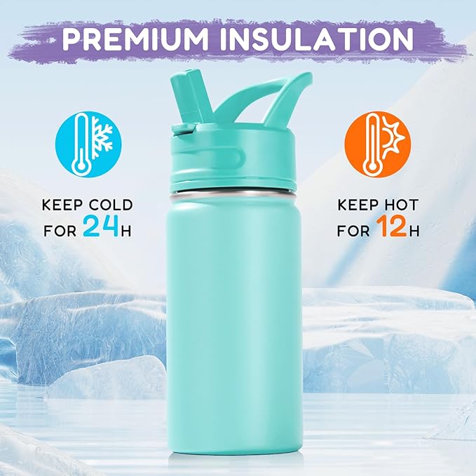 Fijinhom 12oz Kids Water Bottle for School, Toddler Bottles with Straws, Stainless Steel Vacuum Insulated Water Bottle for Boys&Girls, Leak-Proof, BPA-Free, Green